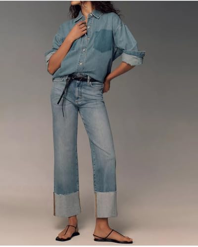 Women's Wide Cuff Jeans High Rise Straight Leg Cropped Jeans Casual Boyfriend Denim Pants4