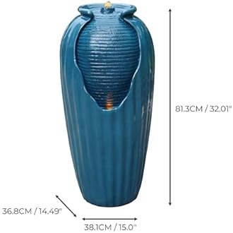 Teamson Home 32 in. Outdoor Contemporary Glazed Contoured Vase Water Fountain with LED Lights to Create a Calming Oasis in Gardens and Landscaping, on Patios, Balconies, Lawns, Teal Blue