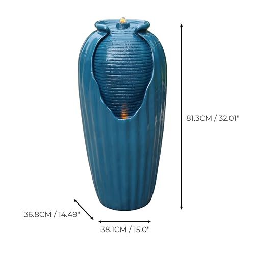 Teamson Home 32 in. Outdoor Contemporary Glazed Contoured Vase Water Fountain with LED Lights to Create a Calming Oasis in Gardens and Landscaping, on Patios, Balconies, Lawns, Teal Blue
