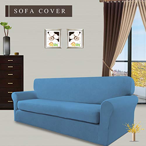 Image of Easy-Going 2 Pieces Stretch Couch Sofa Slipcover Washable | Spandex Soft Fitted Sofa Couch Cover for Sofa Furniture Protector with Bottom Kids,Pet Dog Light Blue