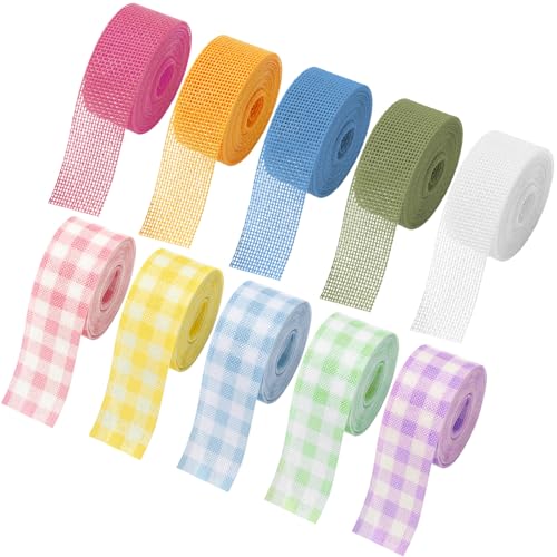 Whaline 10 Rolls 50 Yard Plaid Burlap Ribbon Rolls 1 Inch Spring Gift Wrapping Ribbon Spring Decorative Ribbons for DIY Crafts Wreath Bow Making Supplies Home Decor