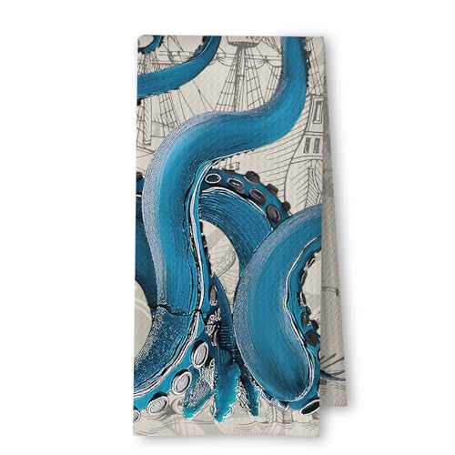 ArtisaEura Vintage Coastal Nautical Octopus Decorative Hand Towels for Bathroom Decor, Nautical Kitchen Towels, Coastal Beach Dish Tea Towels for Kitchen Decor, 16x24 Inches