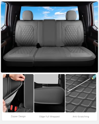 Image of Huidasource Gray Rear Seat Covers Fit for Ford F150 2015-2026 & F250 F350 F450 2017-2026 Crew Cab XL XLT Lariat King Ranch Platinum, Nappa Leather Waterproof Rear Bench Car Seat Cover