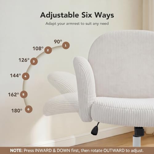 HUANUO Criss Cross Office Chair for Women, Cross Legged Desk Chair with Adjustable Armrests, Soft Corduroy Fabric for Small Spaces, Petite Home Office Computer Chair for Girls, White — view 4