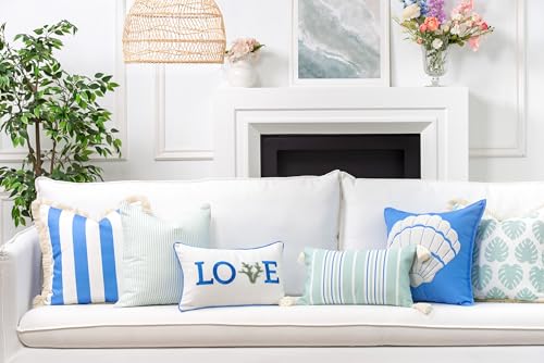 Hofdeco Premium Fall Coastal Patio Indoor Outdoor Lumbar Pillow Cover Only, 12"x20" Water Repellent for Backyard, Couch, Muted Aqua Monstera Leaf Fringe by Hofdeco Premium - Used condition - Image 2