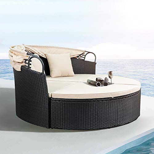 Devoko Patio Furniture Outdoor Round Daybed With Retractable Canopy Wicker Rattan Separated Seating Sectional Sofa For Patio Lawn Garden Backyard Porch Pool #TOP6
