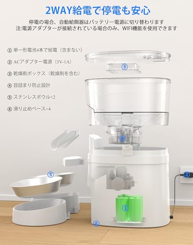HoneyGuaridan 猫 自動給餌器 2匹 定時定量 1日6食 10秒録音 自動えさやり器 猫 中小型犬用 タイマー式 スマホ遠隔操作 2WAY給電 2個のステンレス製トレイ付き 給餌器 自動 アプリ制御 Android/IOS対応 4.5L大容量 の商品画像 5