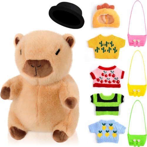 ASVEL Peluche Capybara, Peluche de Capibara con 9 Piezas De Ropa Y Accesorios, Regalo de Muñeca de Capibara Realista y Lindo, Regalo Perfecto niños y niñas de Cumpleañ, 26cm(A)