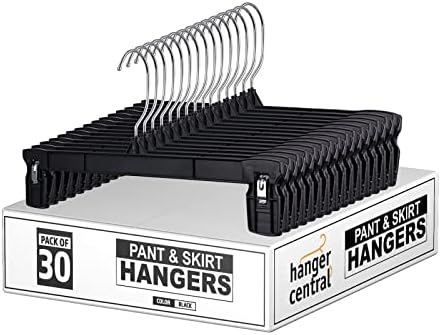 Hanger Central Space Saving Heavy Duty Slim Plastic Pants Hangers, Ridged Non-Slip with Pinch Clips, 360-Rotating Chrome Swivel Hook, in Black, 10-inch (30)