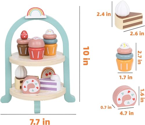 Image of BLiSS HUES Wooden Cupcake Stand- 8 Pcs Toddler Tea Set & Food Pretend Play Accessories- Kitchen Playset for Kids