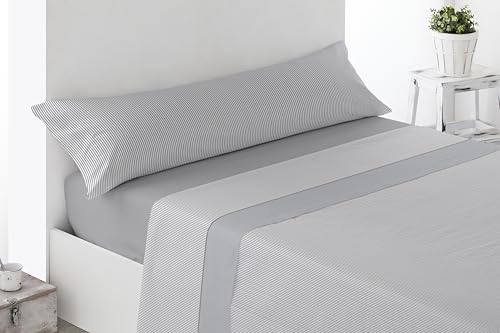 Miracle Home. Juego de sábanas Líneas. Set de 3 Piezas, sábana Bajera Ajustable, encimera y Funda de Almohada. Anti Peeling. 50% algodón-50% Microfibra cepillada. Gris. 105 x 200. Cama 105