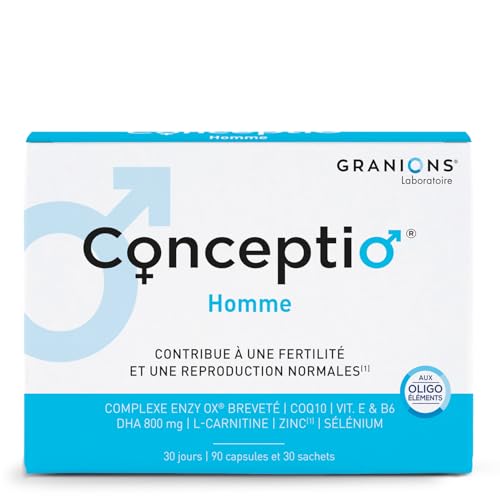 GRANIONS | Conceptio homme | Fertilité masculine, reproduction normale | Complexe Breveté Enzy Ox (Coenzyme Q10, Vitamine E), L-Carnitine, Dha, Oligoéléments | 90 capsules et 30 sachets (30 jours)