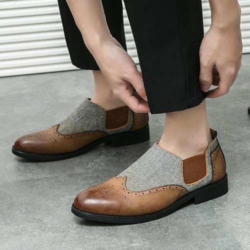 Men’s British Style Brogue Dress Shoes – Pointed Toe Slip-On Genuine Leather Business Formal Shoes for Office & Wedding Brown3