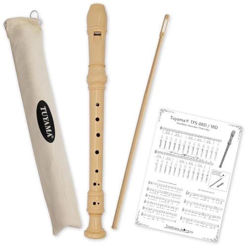 Tuyama® TFS-08D Flûte à Bec Soprano - Système Allemand - Inclut Tableau des Doigts et Exemples de Partitions