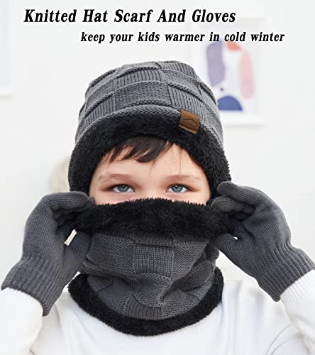 Image of KMOLY Kids Winter Beanie Hat Scarf Touchscreen Gloves Set for Boys Girls 4-15 Years Warm Skull Cap Fleece Lined Knitted Hat