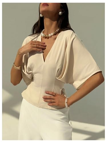 Floerns Women's Elegant Blouse V Neck Dolman Sleeve Tie Back Dressy Casual Shirts4