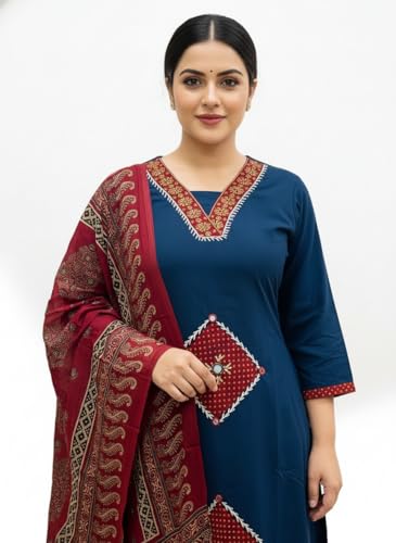 Image of BHARVITA Women's Rayon Handwork Embroidered and Printed Straight Kurta with Pant And Dupatta Sets