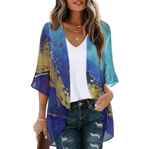 Women's Floral Print Puff Sleeve Kimono Cardigan Loose Cover Up Casual Blouse Tops(Gloden Blue,XXL)
