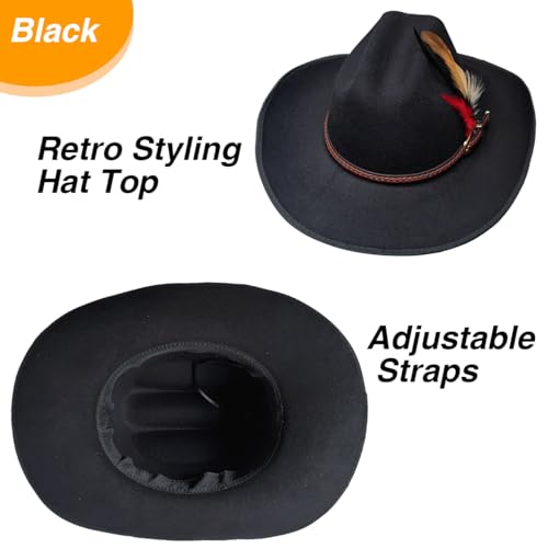 Image of Western Cowboy Cap for Men Women, Woolen Wide Brim Cowgirl Cap Belt Buckle Fedora Hat with Feather