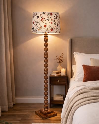 Image of HomesakeRustic Wood Floor Lamp for Living Room Walnut Brown with Multicolor Fabric Lamp Shade | Light Decoration | Side Lamp for Living Room & Bedroom | Antique Floor Light, Vine and Flowers