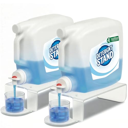 Laundry Detergent Holder Riser (Pack of 2) Clear Acrylic Stand for Laundry Room with Cap Drip Tray Fits Most Large Detergent Bottles
