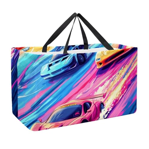 Bolsa de compras reutilizable, bolsa de asas plegable, bolsa de compras utilitaria lavable, para picnic, camping – Coches de carreras con colores vivos en la pista de carreras, Multicolor 01.,