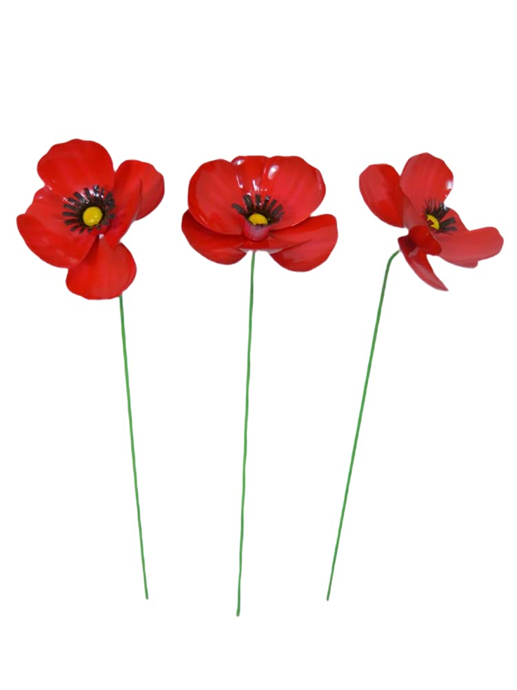 Handcrafted Metal Poppy Flower Garden Ornaments, Set of Three, 45cm Tall - Outdoor Decorations for Borders, Pots, Flower Beds & Memorials - Unique, Fairly Traded Garden Decor - Three 45cm flowers