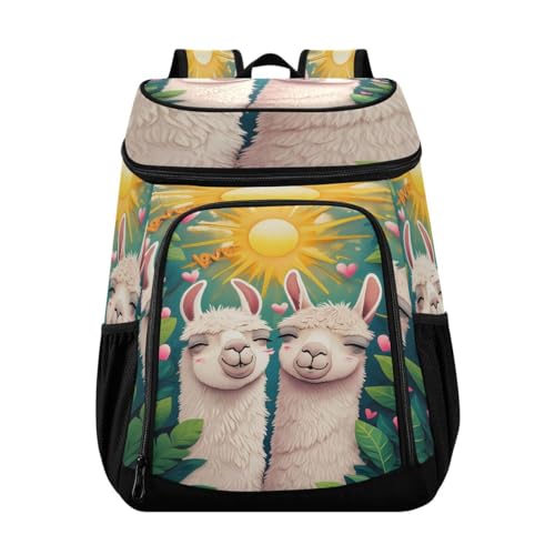 Llama Heart Leaves Green Cooler Backpack Leakproof Insulated Lunch Cooler Bag 30 Cans Camping Backpacks for Picnic Beach Road Trip