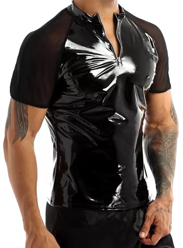 Image of AIEOE Men's Leather Metallic Shirts Shiny Slim Fit Stretch Top Wetlook Club Party Undershirts