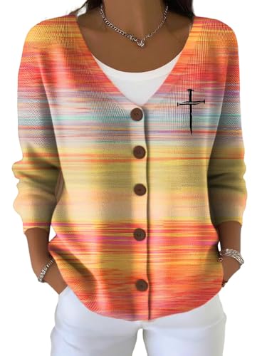 Women's Casual Autumn Faith Cross Print Knit Shirt Striped Cardigan