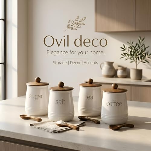 Image of Stylish Airtight Container for Kitchen, Tea Coffee Sugar Salt Storage, Metal with Wooden Lid & Spoon, 1000ml, Canister for Kitchen Counter top | Food-Safe Jar Set-4 (Tea Coffee Sugar & Salt)