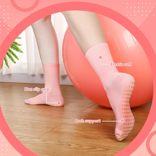 Jeyiour 4 Pairs Non Slip Pilates Socks with Gripper for Women Pink Yoga Non Skid Crew for Barre Hospital Sticky Slipper Socks3