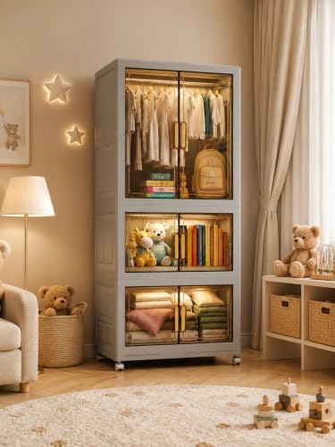 Image of Mevigo 3-Door Plastic Wardrobe for Kids| Almirah and Wardrobe for Baby Clothes| Modular Storage Cabinet with Wheel Organizer for Cupboard Rack for Clothes /Shoes /Books /Toy -Grey-712