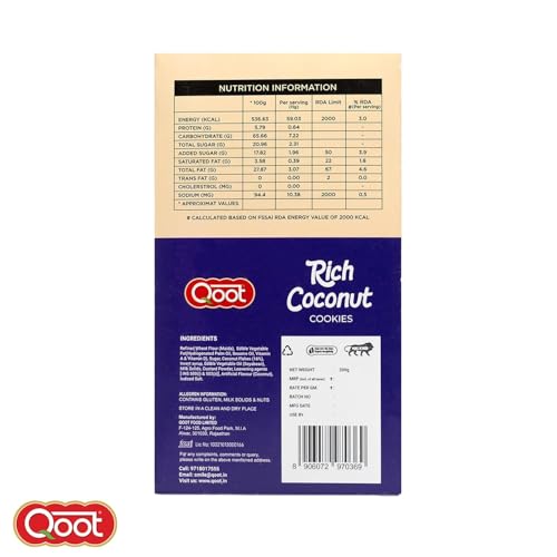 Image of Qoot Rich Coconut Cookies 200g | Made with Real Coconut Flakes | Crunchy & Delicious Tea-Time Biscuits | Perfect for Snacking & Gifting | No Artificial Flavours or Preservatives | Made With Real Coconut Flakes, No Artificial Preservatives or Additives, All-Natural Ingredients, Crunchy Biscuits