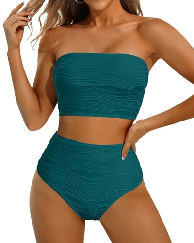 Image of High Waisted Bandeau Bikini Set - Women Strapless Two Piece Swimsuits Ribbed Longline Full Coverage Bathing Suits Swimwear
