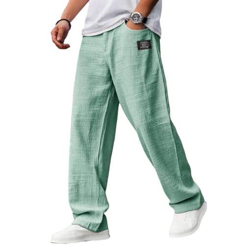 Mens Cotton Linen Pants, Casual Hemp Fabric Embroidered Logo Loose Comfort Trousers Drawstring Pockets Golf Pants4