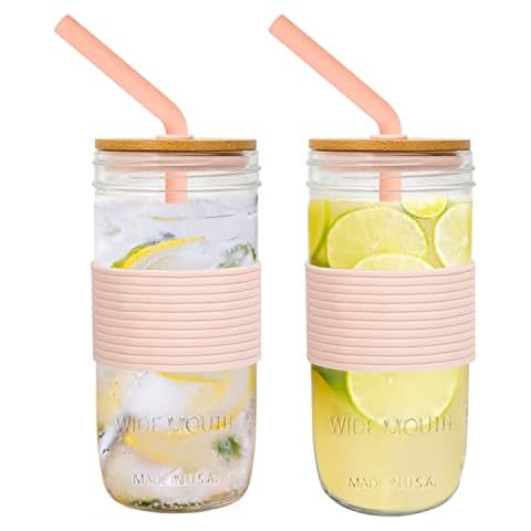 Mason Jar with Lid and Straw, 24oz Wide Mouth Mason Jar Drinking Glasses Tumbler Mason Jar with Straw and Lid 24OZ, 2 Pack sPink Cover