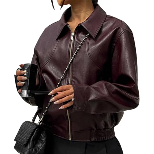 ORANDESIGNE Veste en Simili Cuir pour Femme Manteau de Moto Court en Cuir PU Décontracté Moto Blouson Manteau Biker Jacket Zippé B Vin Rouge S