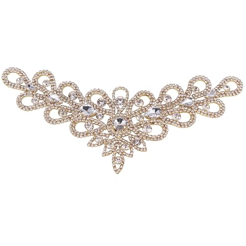 Phicmanlo Handmade Rhinestone Delicate V-Neck Neckline Sew On Crystal Applique Patches Wedding Dresses DIY Decoration (Gold)