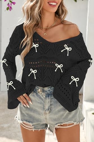 Image of Cakulo Womens Summer Crochet Tops Boho Off Shoulder Sweaters Lightweight V Neck Loose Vacation Resort Wear 2026