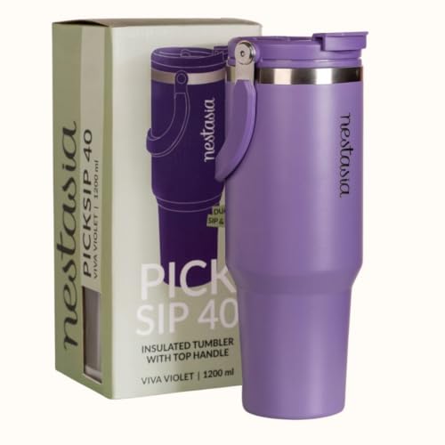 Image of Nestasia PickSip40 Tumbler with Straw & Top Handle 1.2L | Insulated Stainless Steel Sipper Water Bottle for Adults with Dual Flip Opening Sip-Swig Leakproof Lid for Office & Gym (Viva Violet)