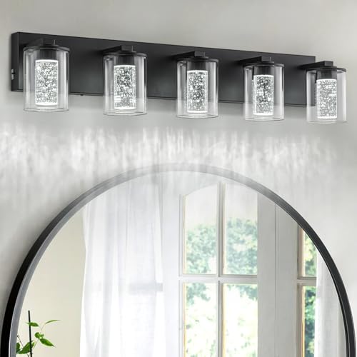 Image of SineRise Bathroom Vanity Light with 3 Color Modes (3000K /4000K /6000K), Eye Protection LED Bathroom Light Fixture, Dimmable Modern Wall Light Over Mirror with Clear Glass Shade (Black, 5-Light)