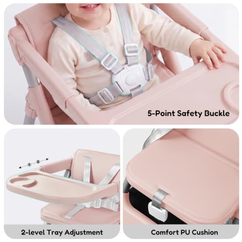 Image of Baby High Chair Booster Seat: Portable Booster Seat for Kitchen s Dining Chair Foldable Highchair - Travel Size Tool-Free Setup Adjustable Tray (Pink)