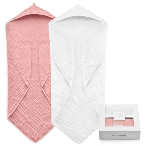 Image of 35x35 Inch 2 Pack 100% Muslin Cotton Baby Bath Towel, Hooded Baby Towels for Newborn, Soft Baby Beach Towels with Hood for Infants, Toddlers and Kids, Essentials Must Haves Dusty Pink+ White