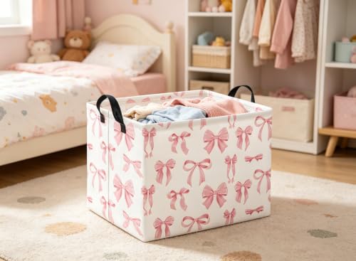 Image of Rectangular Baby Kids Storage Basket for Home Kitchen Girls Cute Toy Storage Bin Organizer Shelf Book Room Decor(Silk Bowknot)