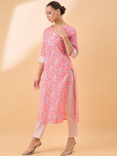 Image of Winza Designer Geometric Printed Red Cotton Kurta Sets for Woman | Kurtasets | Kurti with Pant Co Ord Set for Women | Kurtas Kurtis | Cordset | Coordset
