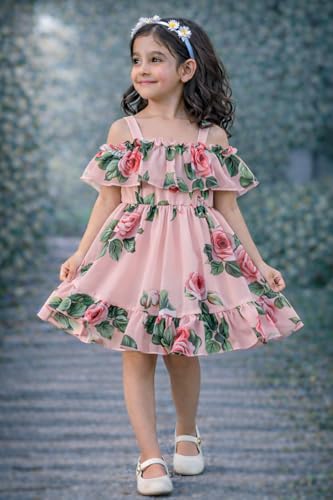 Image of Buy & Try Girls Summer Lightweight Georgette Floral Printed Frock Dress, Sleeveless Princess for Baby Girls, Stylish Fancy Kids Party & Casual Outfit