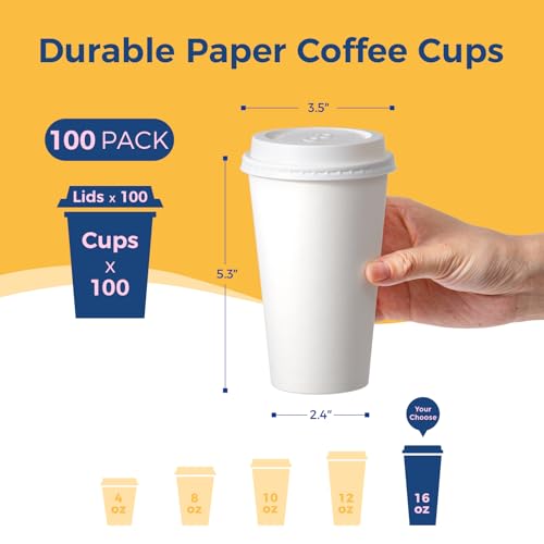 Fit Meal Prep 100 Pack 16 oz Disposable Coffee Cups with Lids, Premium To Go Paper Cups, Leak Proof Hot Coffee Cups with Lids for Travel, Office, Hot/Cold Beverages (White Lids)