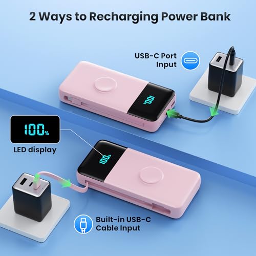 Image of Portable Charger Power Bank 40800mAh with Built-in Cables,25W Fast Phone Charging Portable Battery Pack,5 Outputs Travel Essentials Outdoor External Battery for iPhone 17 /16,Galaxy Android etc-Pink