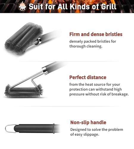 BBQ Grill Cleaning Brush, Heavy Duty Grill Cleaning Brush for Outdoor Grill, 3-Branch Stainless Steel Bristles Cleaner for Easier and Effective Clean, BBQ Tools for Gas/Charcoal Grilling Grates
